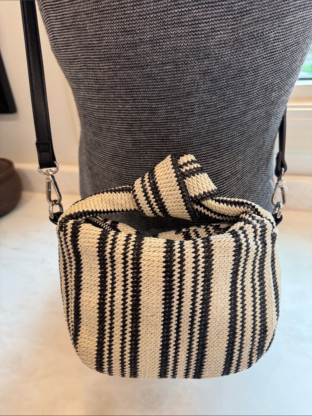 Urban Expressions Knotted Woven Black & Cream Boho Striped Crossbody Bag